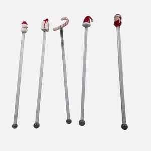 Set Of 5 Christmas Glass Swizzle Sticks With Santa Snowman Candy Cane stirrers